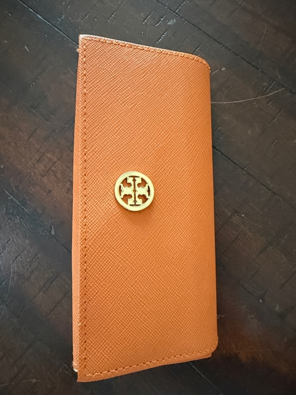 Tory Burch Orange Saffiano Leather Glass Holder with Gold Logo